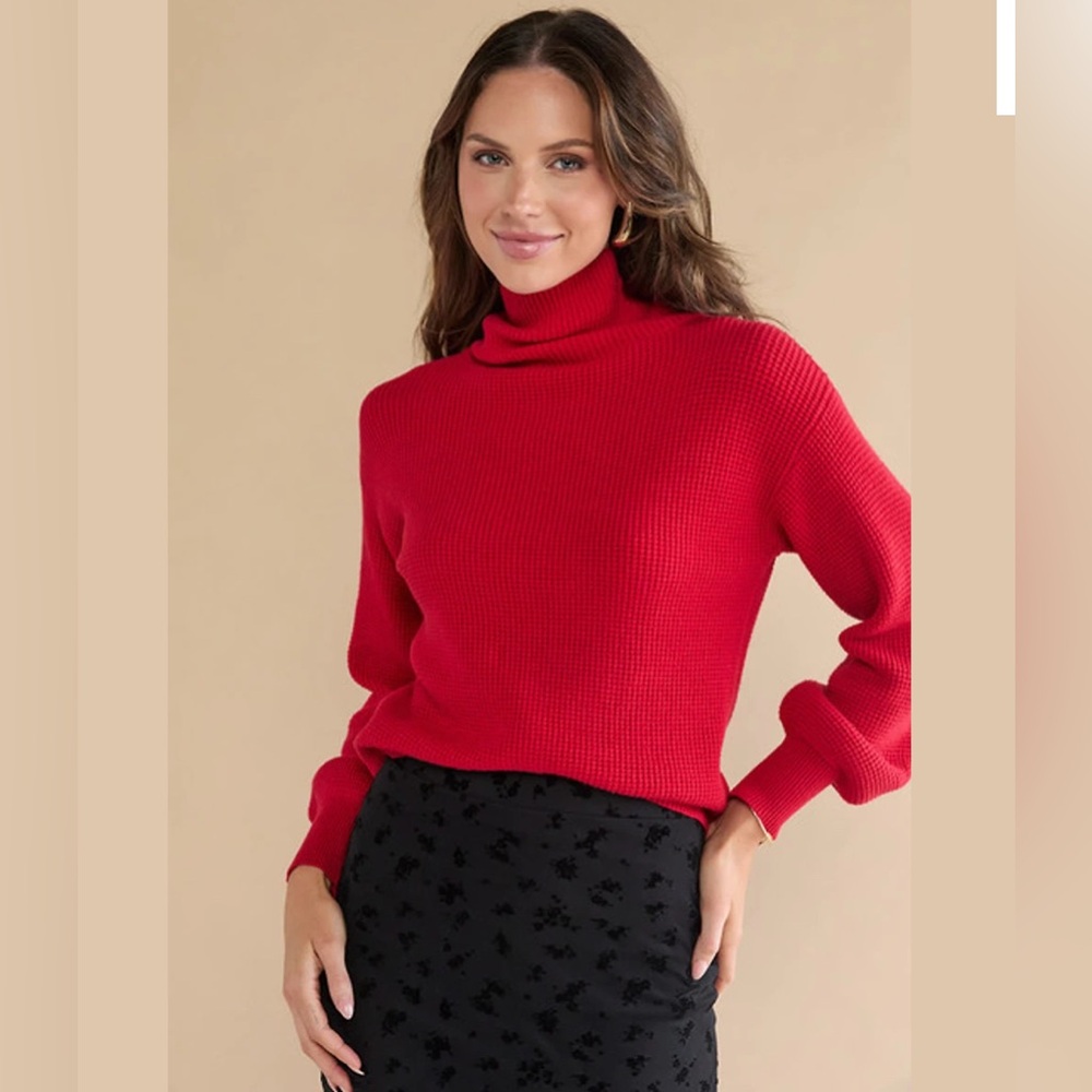 New Francesca’s Elaine Balloon Sleeve Red Turtleneck Rib Knit Pullover